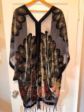 Vintage Silk Velvet Beaded Peacock Duster Coat Opera Black Fringe Romantic Goth